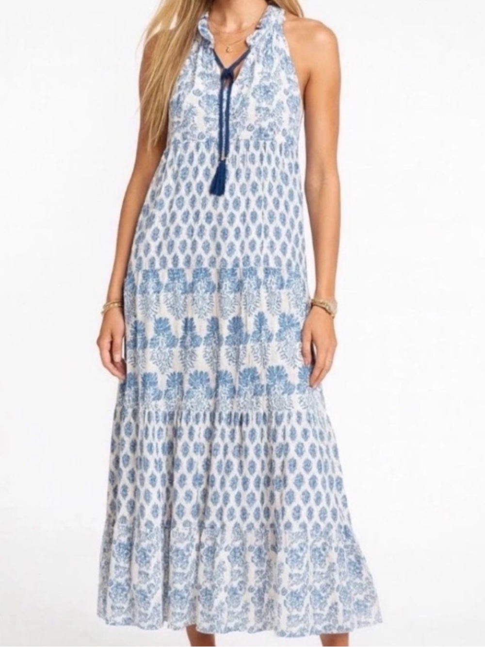 Calypso St. Barth Blue White Floral Block Print Tiered Maxi Dress Halter, Small - Picture 2 of 13